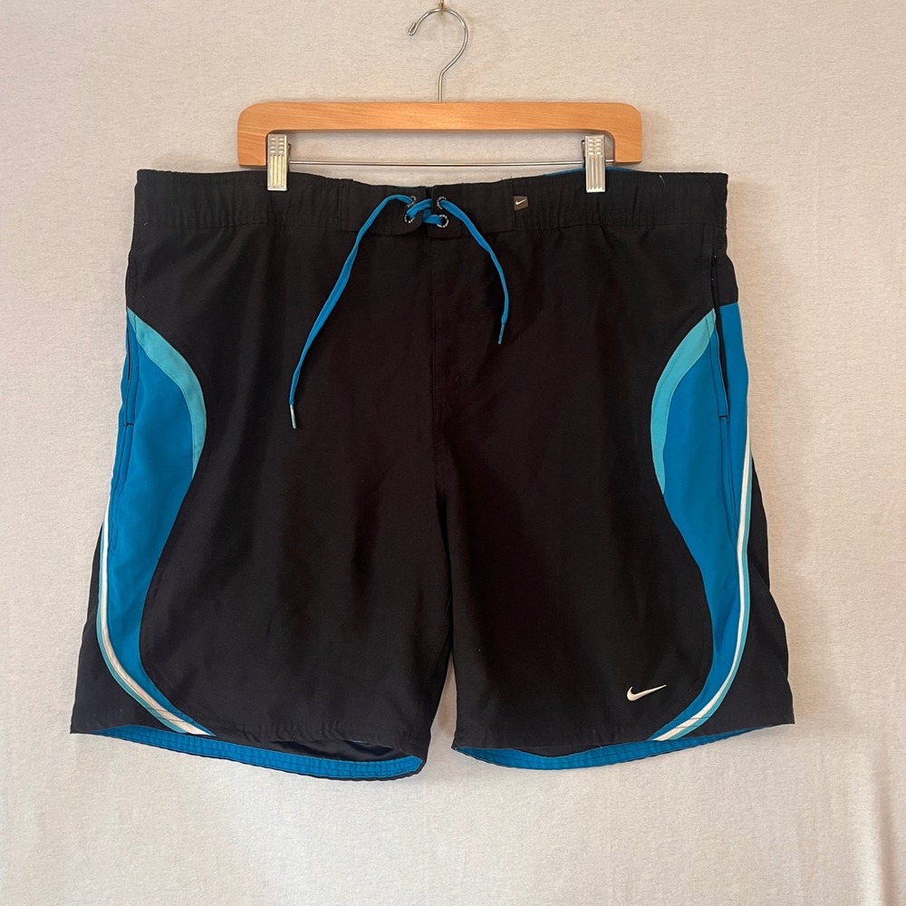 Nike Swim Trunks Mens XL Black Blue Board Shorts Surf Beach Drawstring Lined